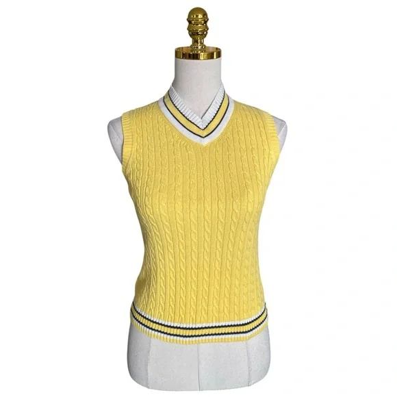 Brooks Brothers Women’s Yellow Cable Knit Tennis V-Neck Vest Sweater Cotton Sz M - Picture 4 of 9